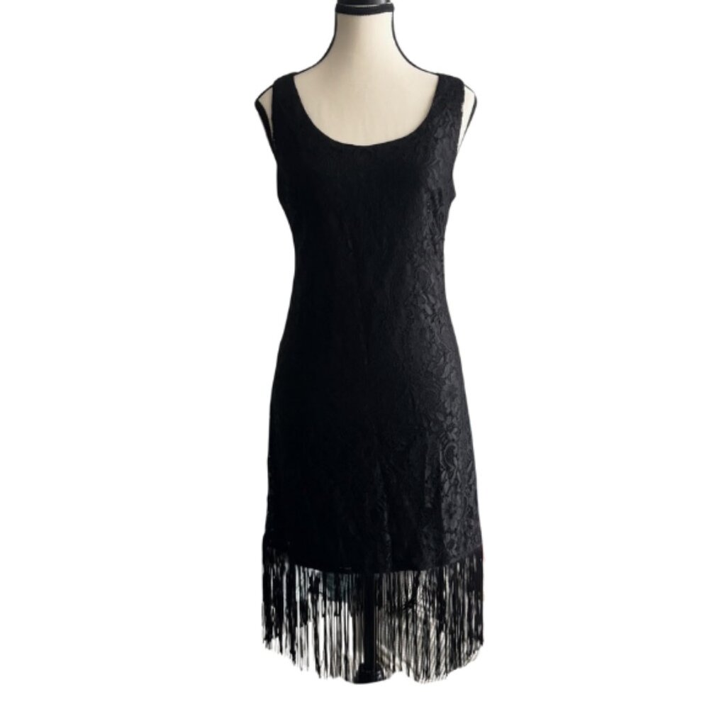 CANDY COUTURE BLACK LACE  ART DECO STYLE DRESS WITH FRINGE, NEW WITH TAGS